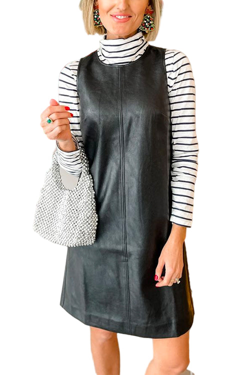 Women's Imitation Leather Sleeveless Dress with Round Neck