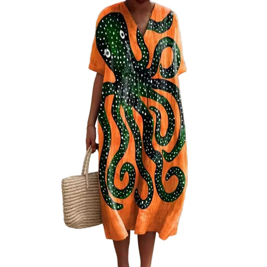 Ladies Shirt Dress Short Sleeves Plus Size Breathable Ocean Print Casual Summer Dresses