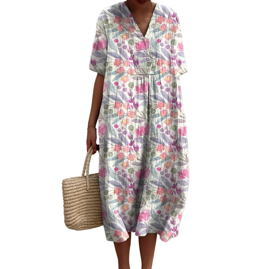 Women's Short-sleeved Floral Print Shirt Dress With Pocket