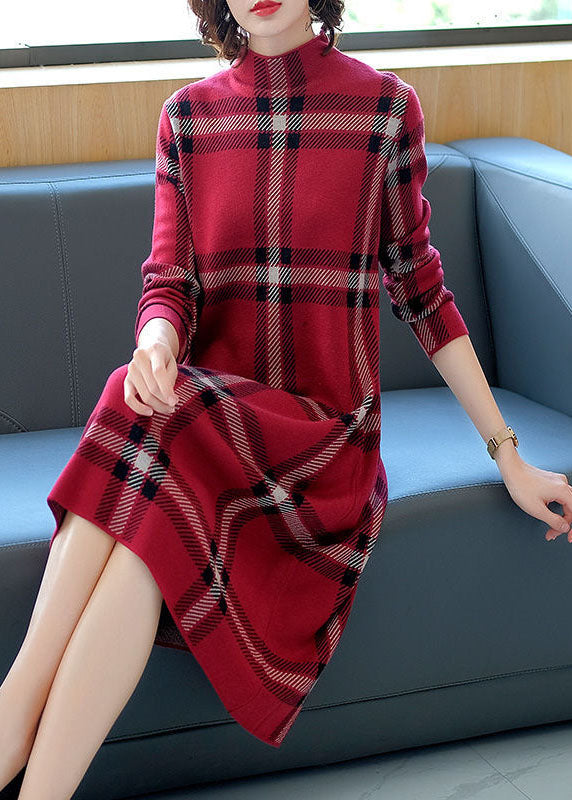 Women's Sweater Dress High Neck Plaid Pattern