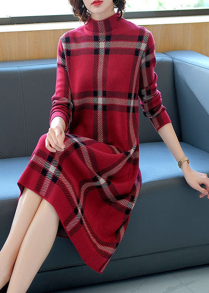 Women's Sweater Dress High Neck Plaid Pattern
