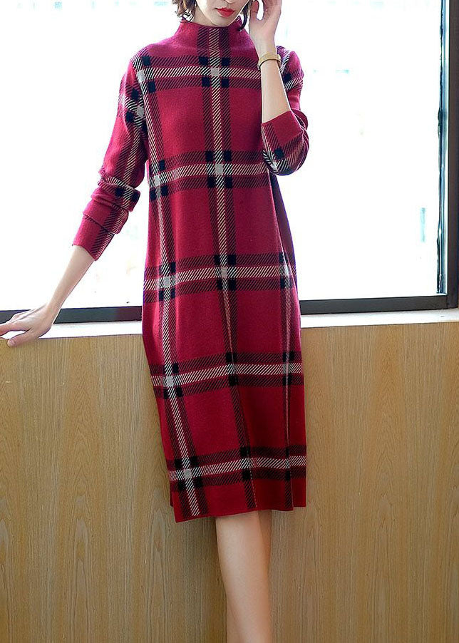 Women's Sweater Dress High Neck Plaid Pattern