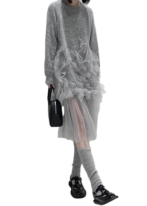 Women's Tulle Patchwork Knitted Dress with Ruffles