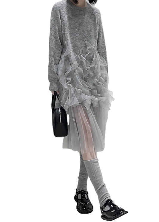 Women's Tulle Patchwork Knitted Dress with Ruffles