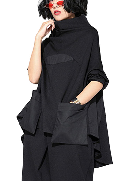 Women's Turtleneck Top with Patchwork and Pockets