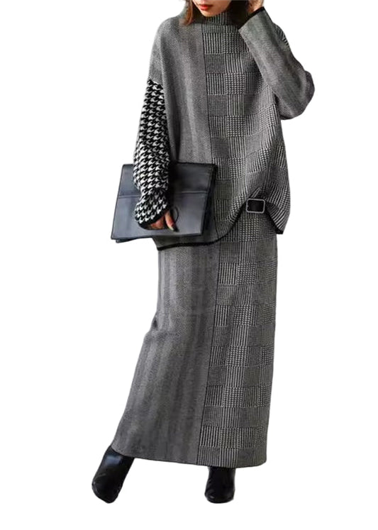 Women's Two-piece Set With Checked Knitted Sweater And Skirt