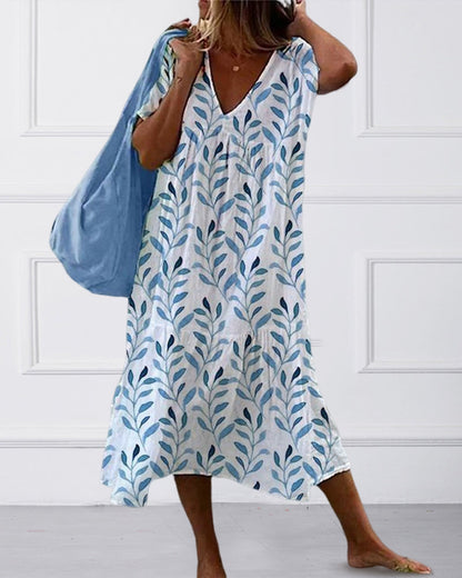 Women's V-Ausschnitt Dress with Leaf Print