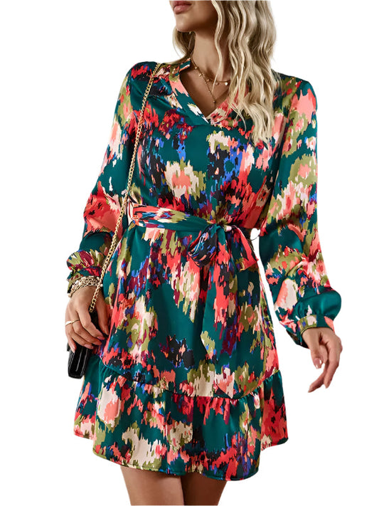 Women's V-neck Long Dress Printed Waistband Summer Clothing