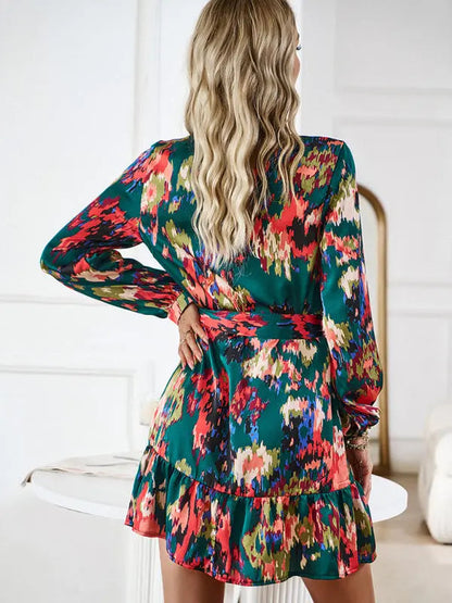 Women's V-neck Long Dress Printed Waistband Summer Clothing