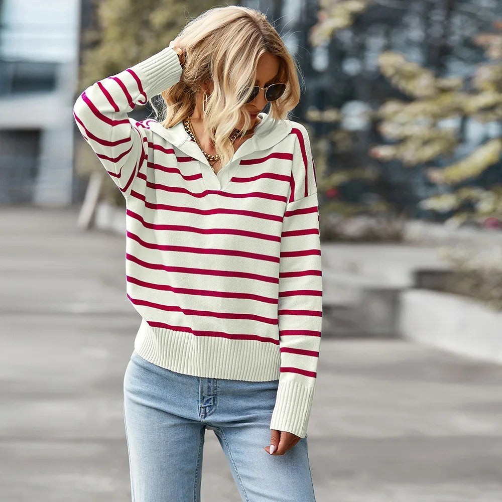 Women's V-neck Sweater with stripe design