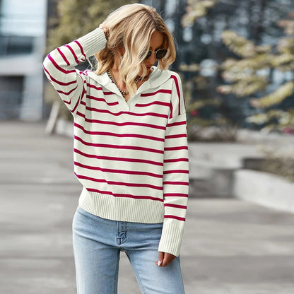 Women's V-neck Sweater with stripe design
