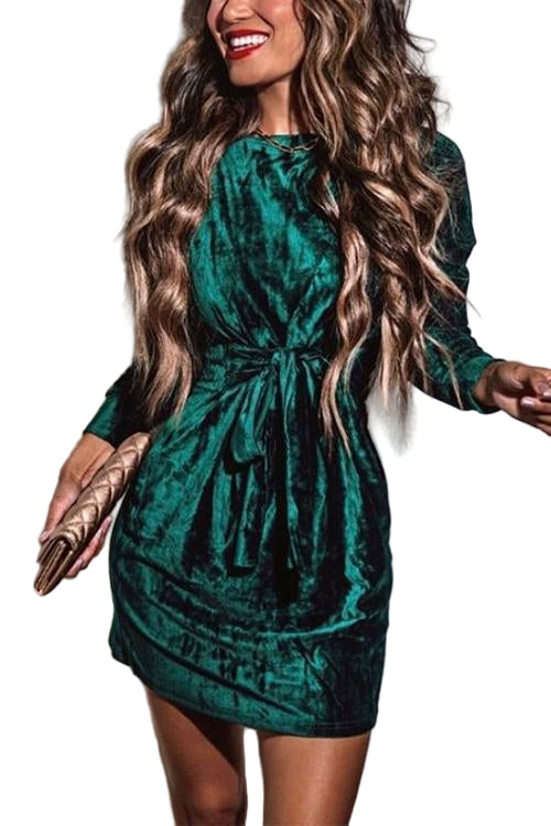 Women's Holiday Dress with Bow Waist and Long Sleeves for Festive Occasions