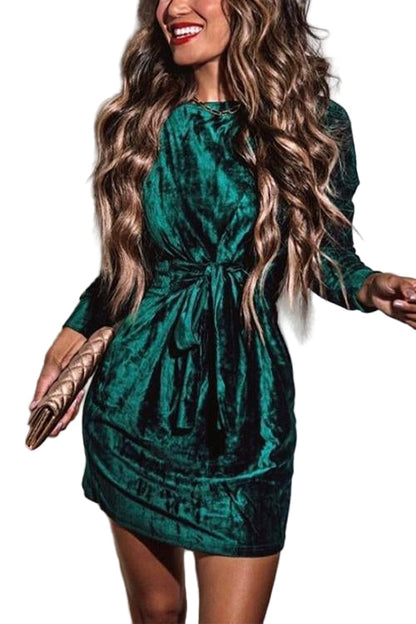 Women's Holiday Dress with Bow Waist and Long Sleeves for Festive Occasions