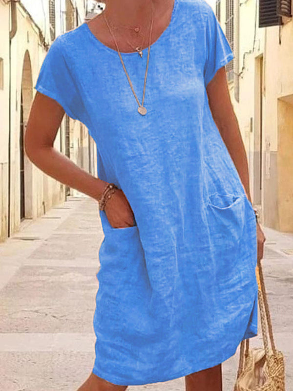 Women's Casual Summer Dress with Short Sleeves and Round Neck