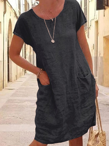 Women's Casual Summer Dress with Short Sleeves and Round Neck
