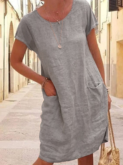 Women's Casual Summer Dress with Short Sleeves and Round Neck