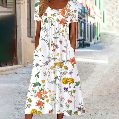 Women's Summer Dress Short Sleeves Floral Print Airy Mixed Fabric