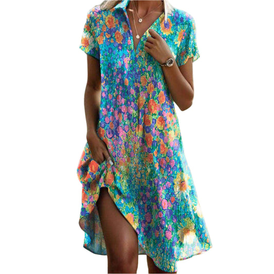 Women's Summer Dress V-neck Asymmetric Hem Floral Print