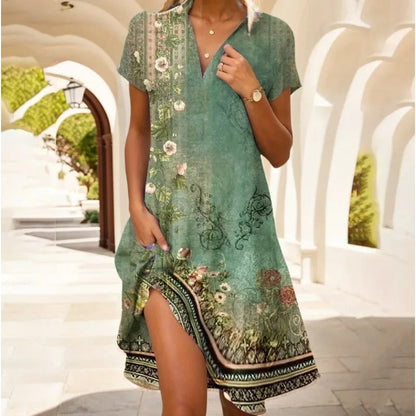 Women's Summer Dress V-neck Asymmetric Hem Floral Print