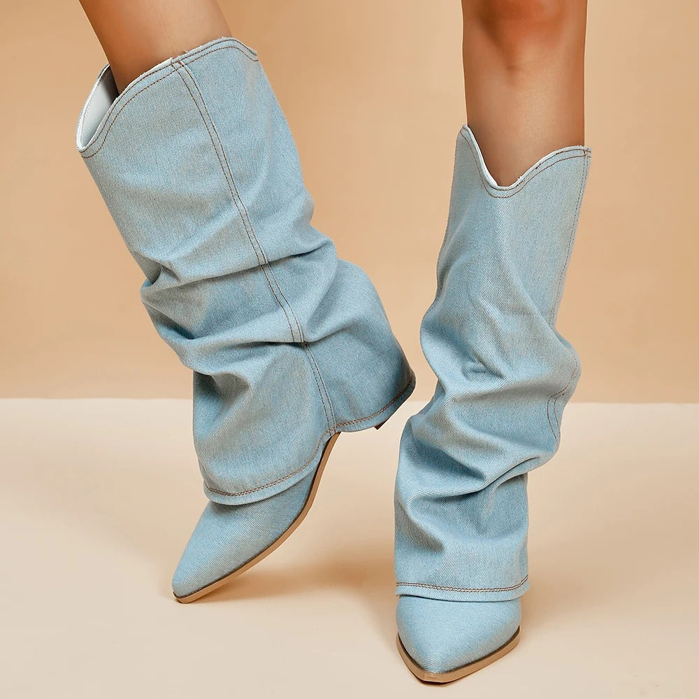Denim boots for women with block heels
