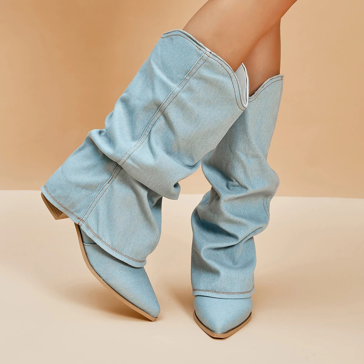 Denim boots for women with block heels