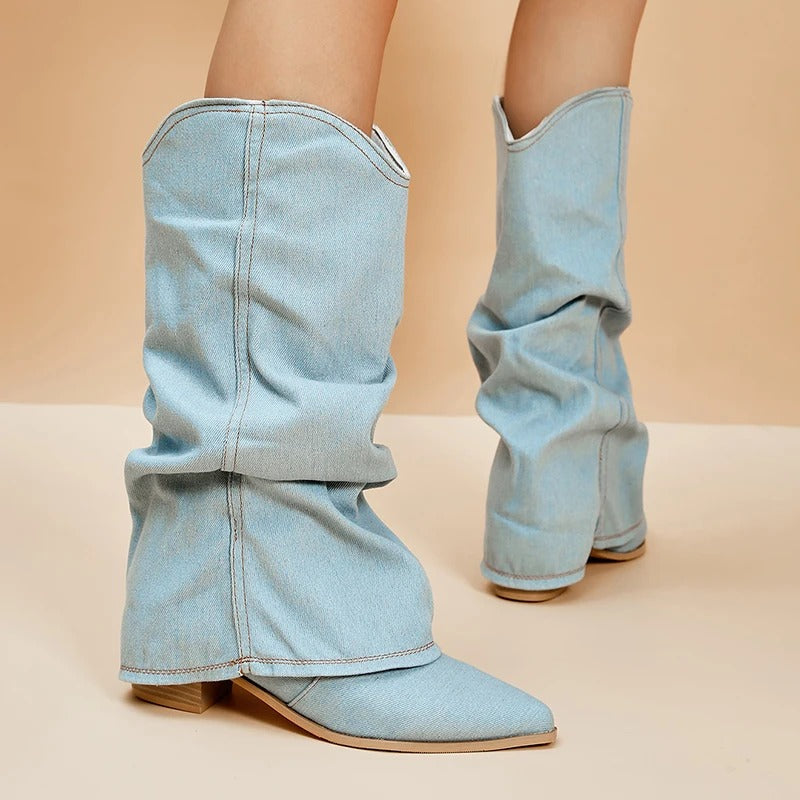 Denim boots for women with block heels