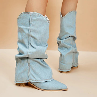 Denim boots for women with block heels