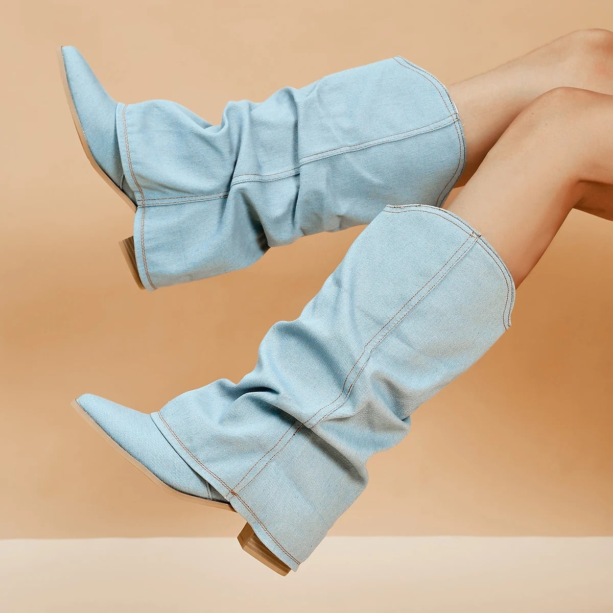 Denim boots for women with block heels