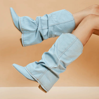Denim boots for women with block heels