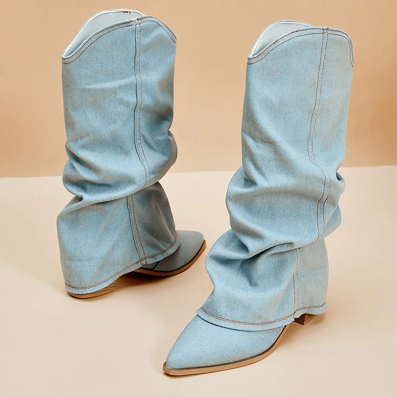 Denim boots for women with block heels