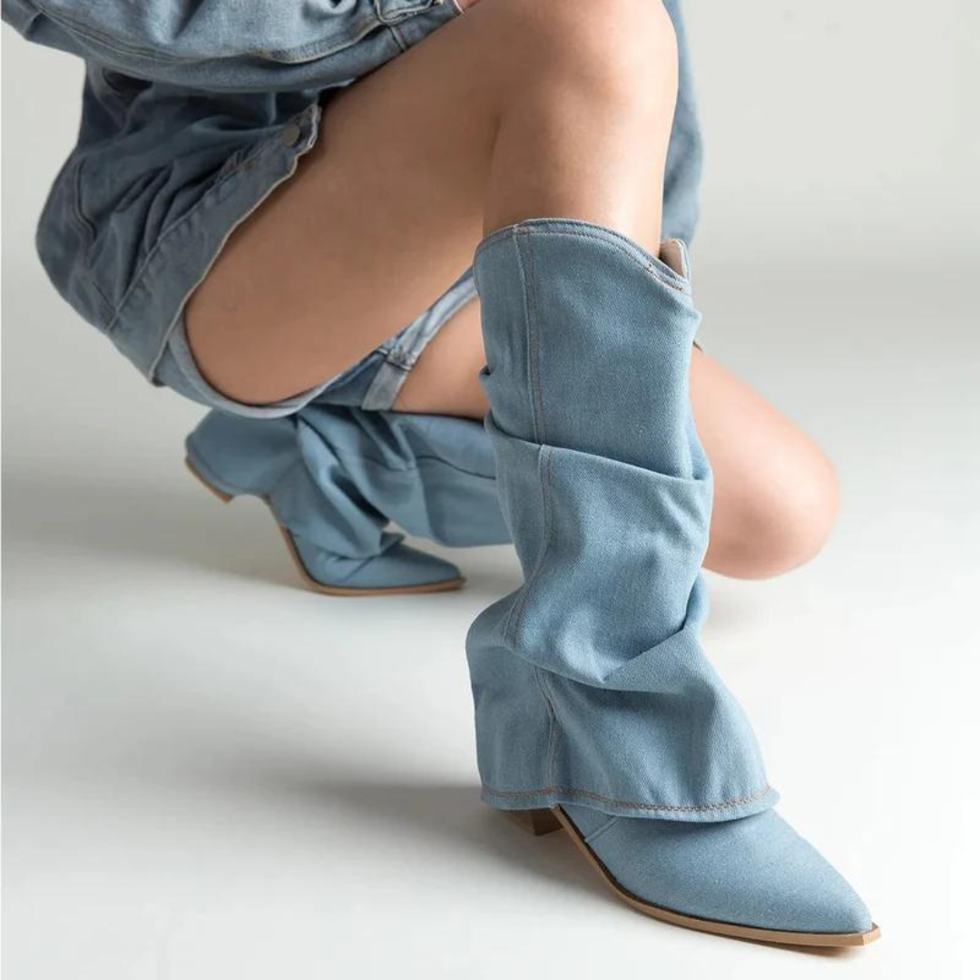 Denim boots for women with block heels