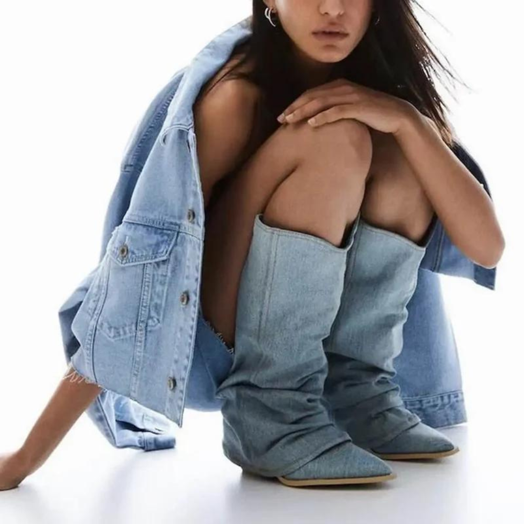 Denim boots for women with block heels