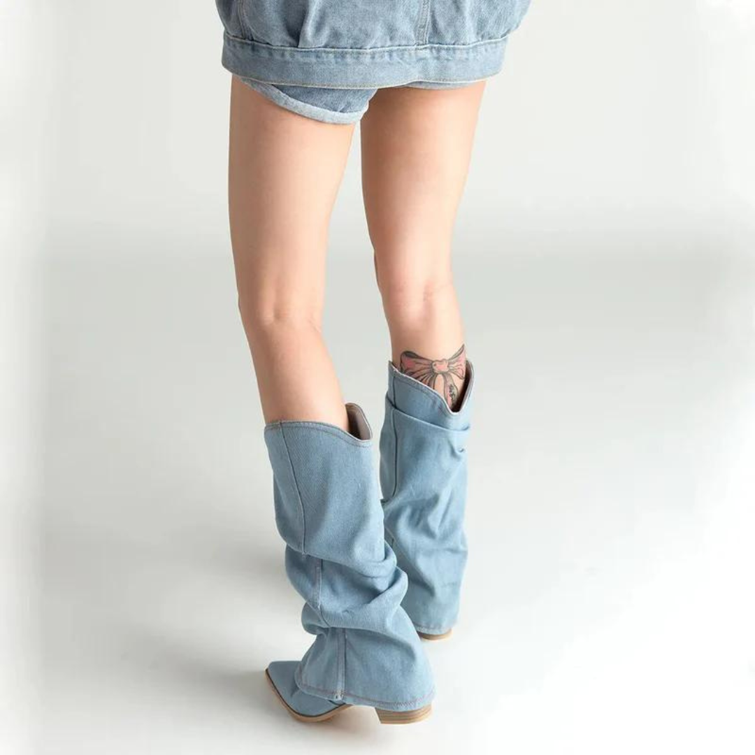 Denim boots for women with block heels