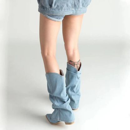 Denim boots for women with block heels