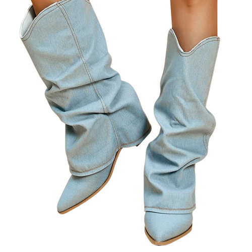 Denim boots for women with block heels