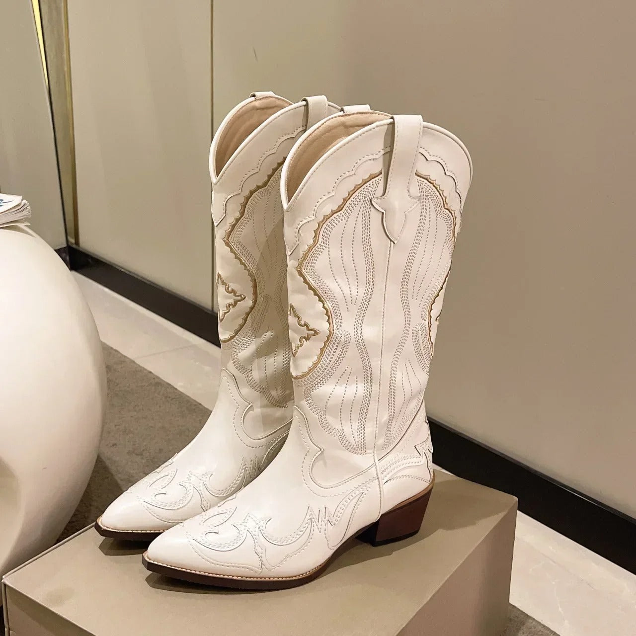 Embroidered Mid Calf Boots for Women