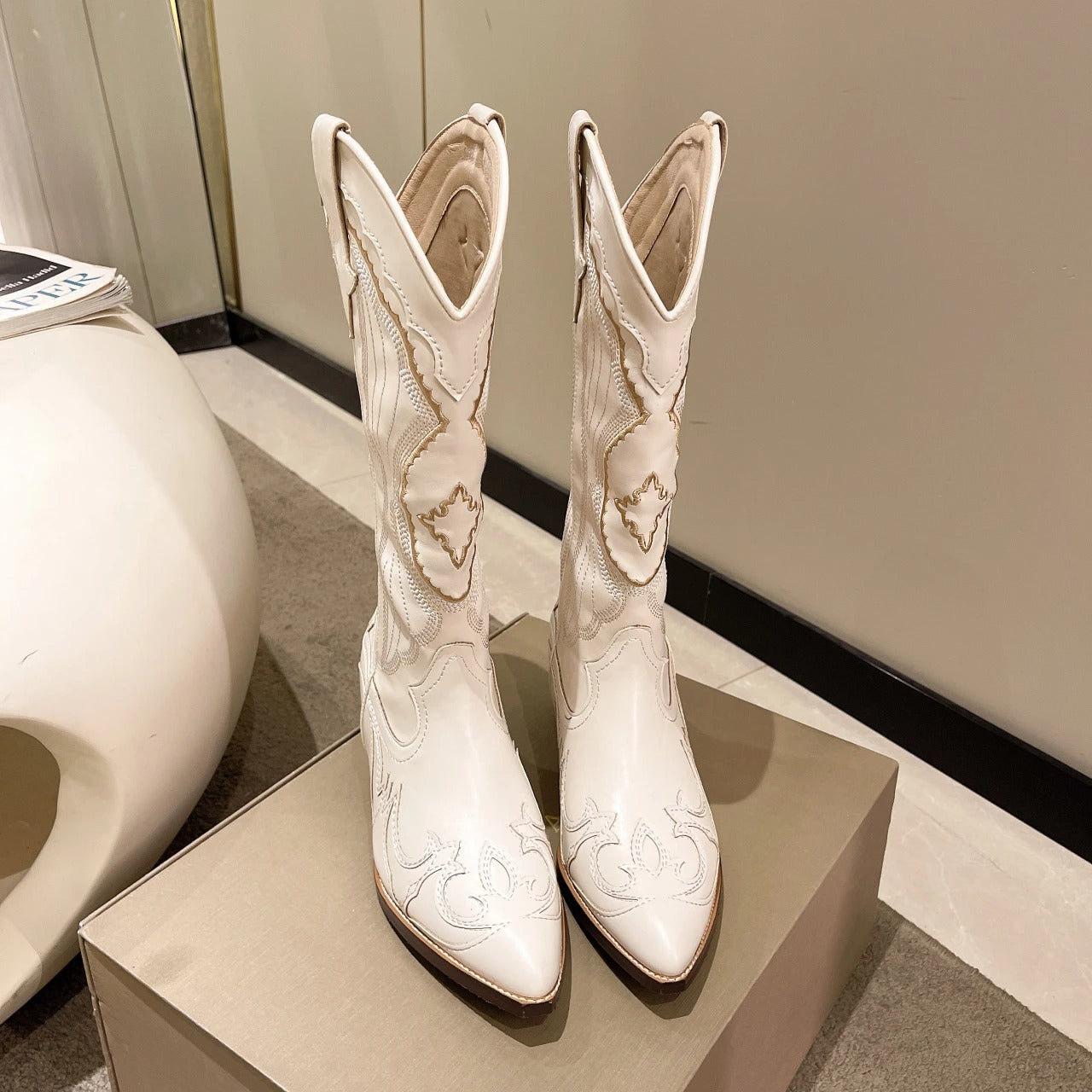 Embroidered Mid Calf Boots for Women