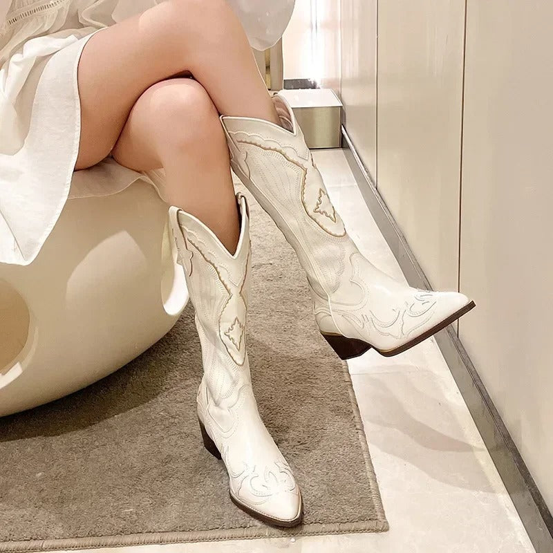 Embroidered Mid Calf Boots for Women