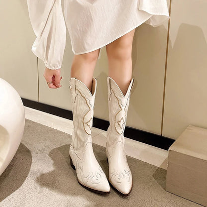 Embroidered Mid Calf Boots for Women