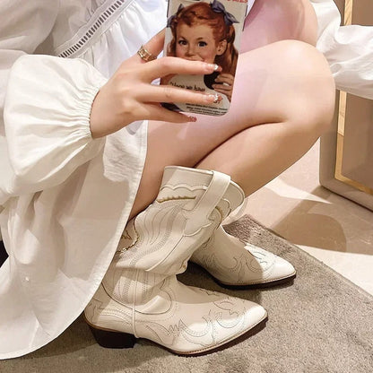 Embroidered Mid Calf Boots for Women