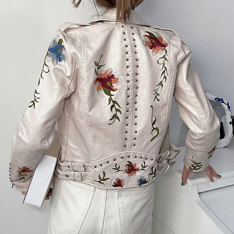 Embroidered leather style jacket with floral print