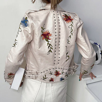 Embroidered leather style jacket with floral print
