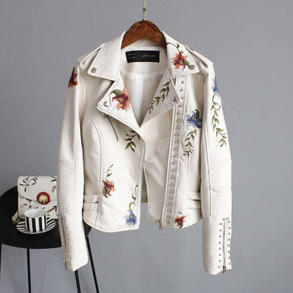 Embroidered leather style jacket with floral print