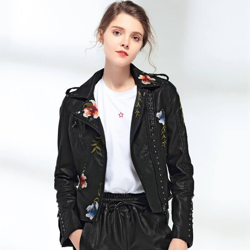 Embroidered leather style jacket with floral print