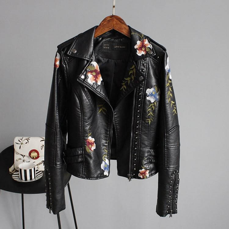 Embroidered leather style jacket with floral print