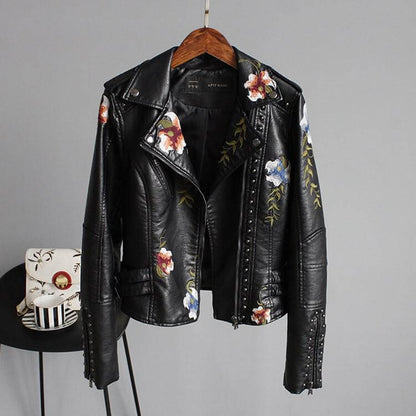 Embroidered leather style jacket with floral print