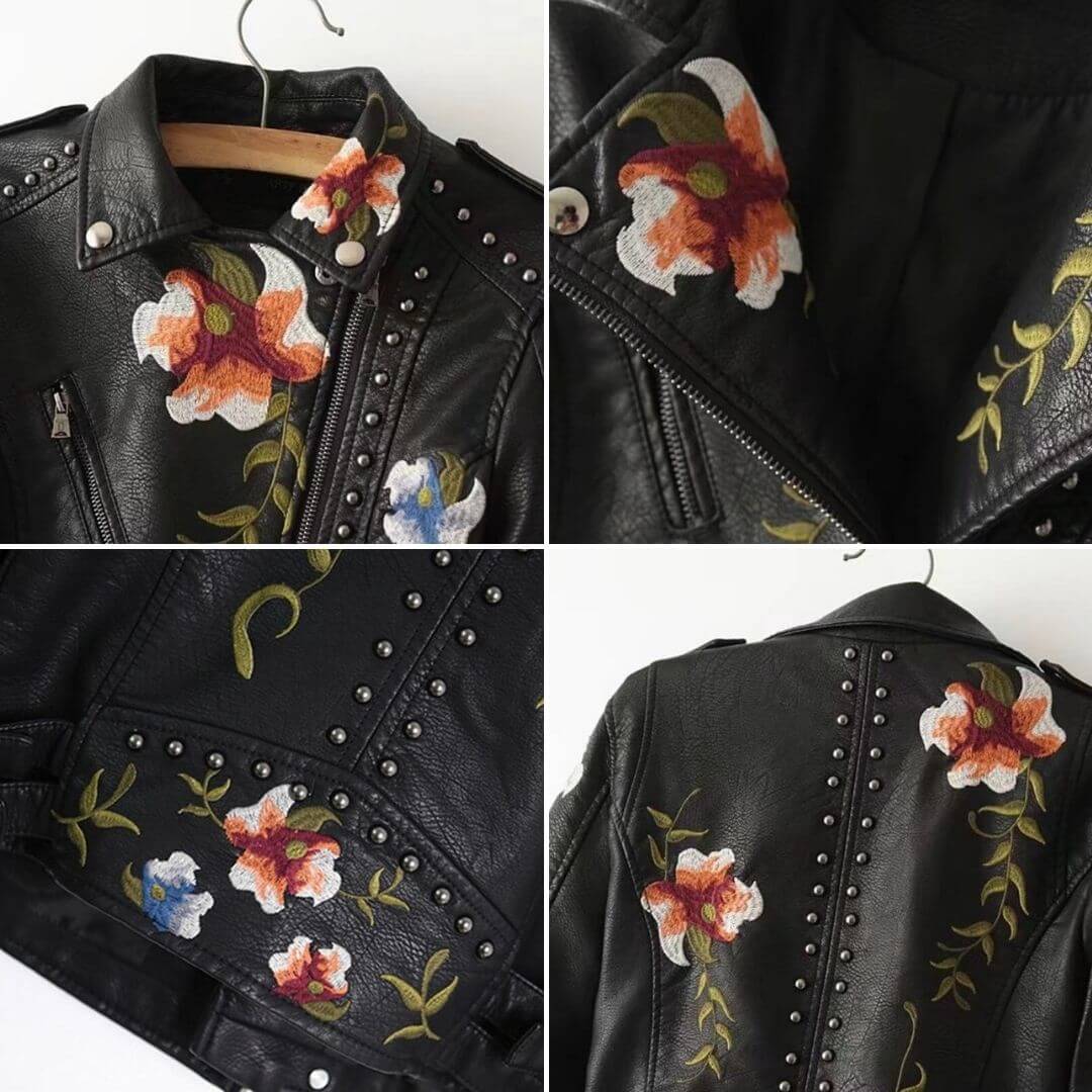 Embroidered leather style jacket with floral print