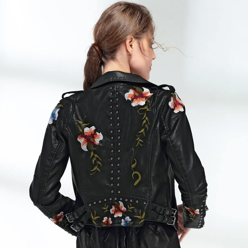 Embroidered leather style jacket with floral print