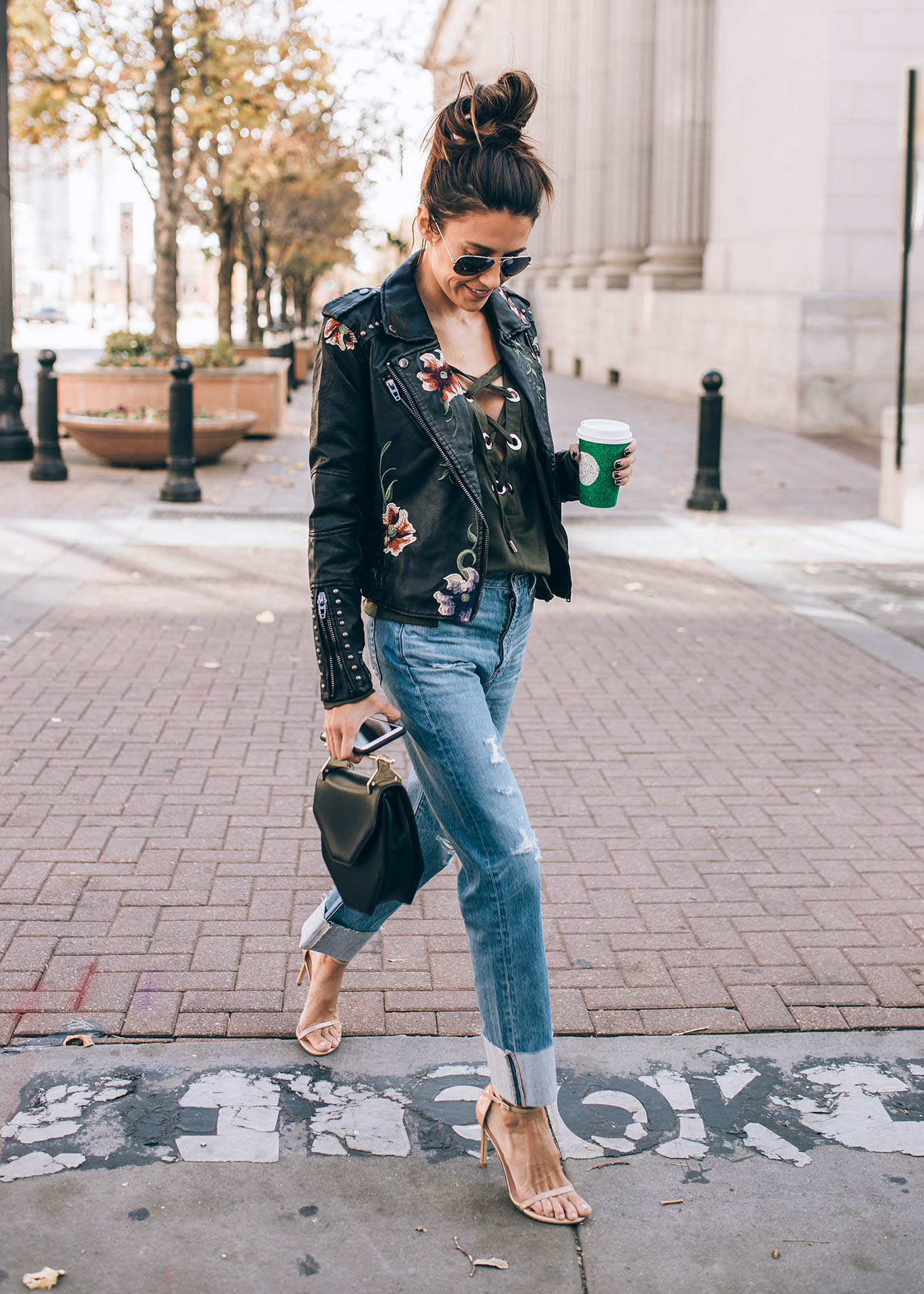 Embroidered leather style jacket with floral print