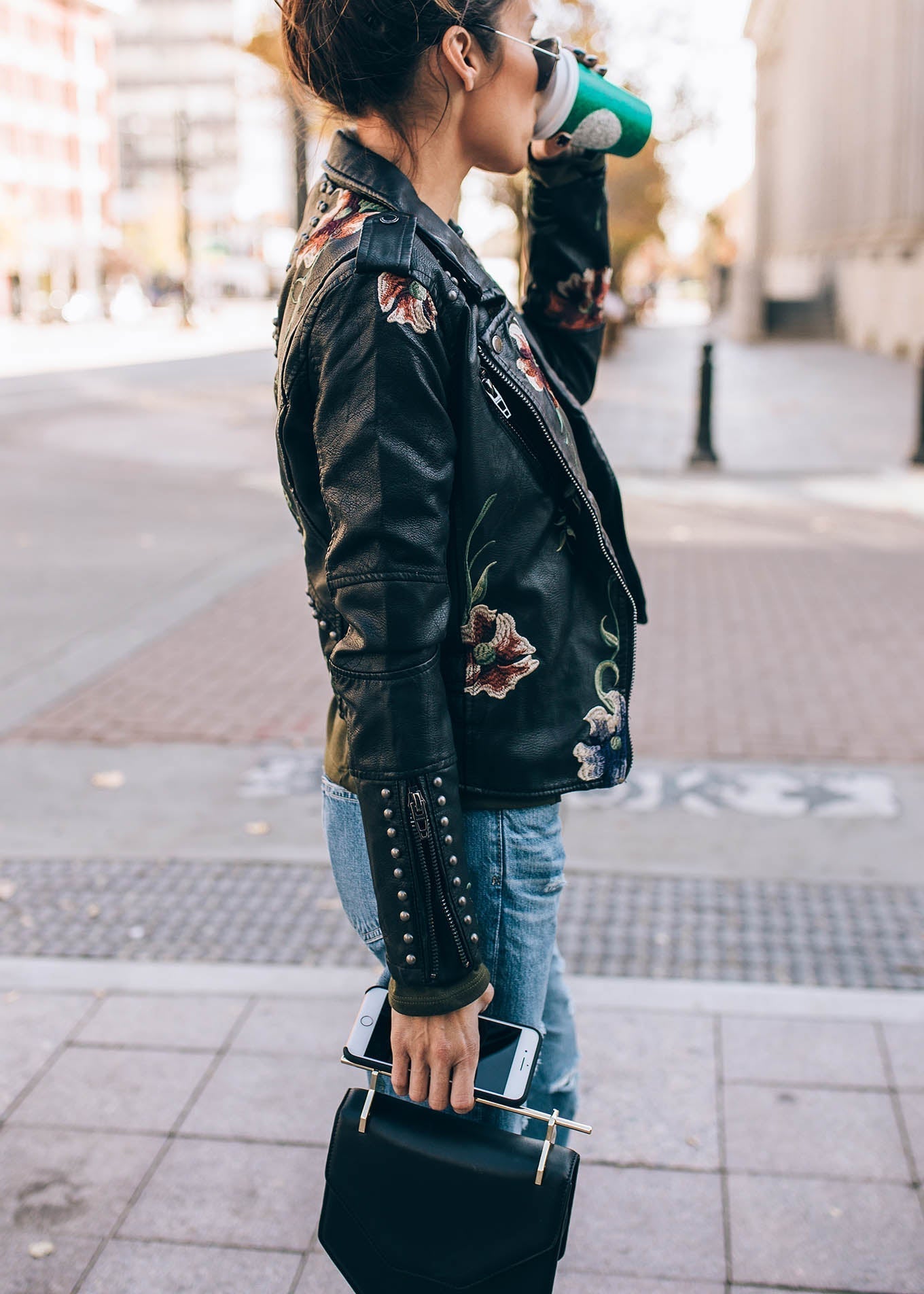 Embroidered leather style jacket with floral print